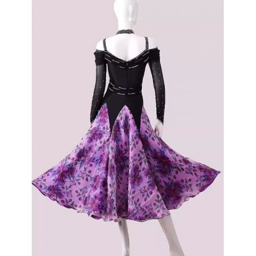 Customized size purple flowers ballroom dance dresses competition flamenco waltz tango smooth foxtrot dancing long skirts for female